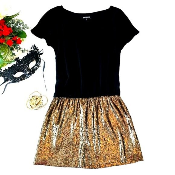 Express Women's Mini Dress Size XS Black Gold Sequins Cocktail Party Evening - Picture 2 of 14